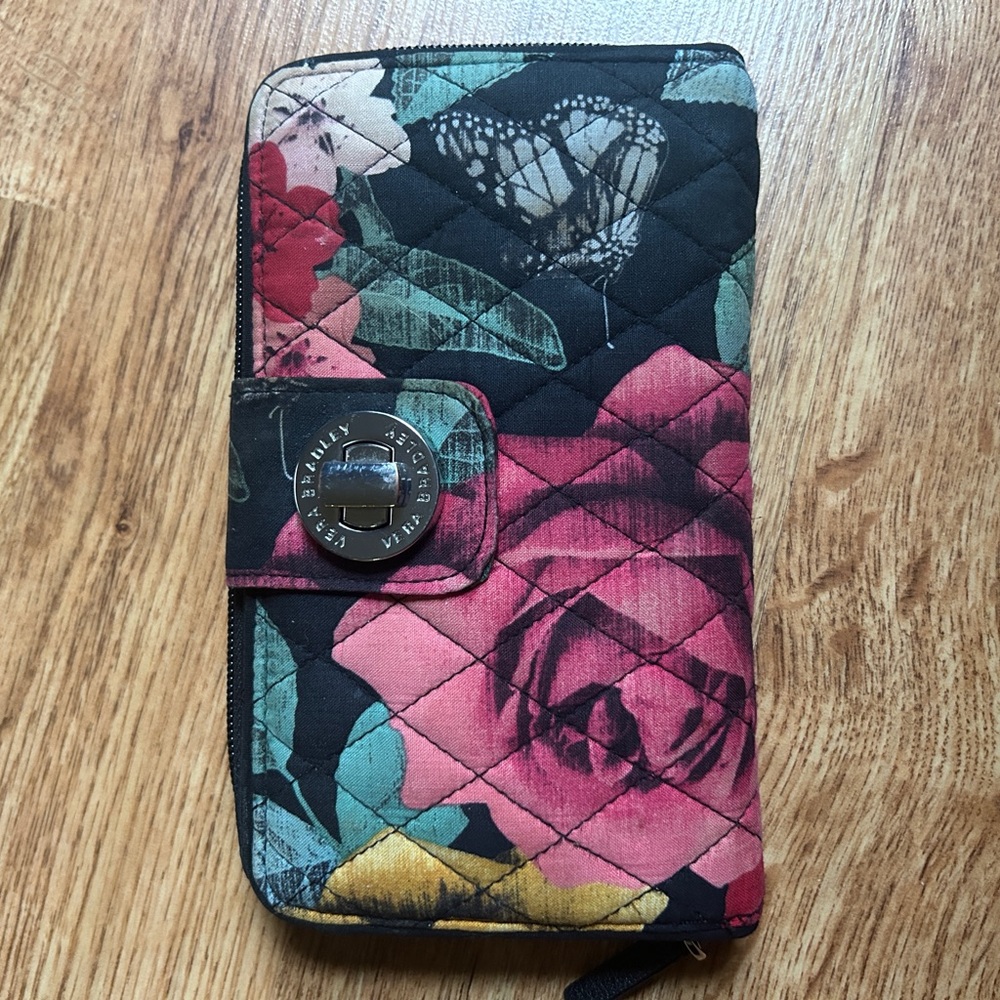 Vera Bradley Floral Quilted Wristlet - Black and Pink
